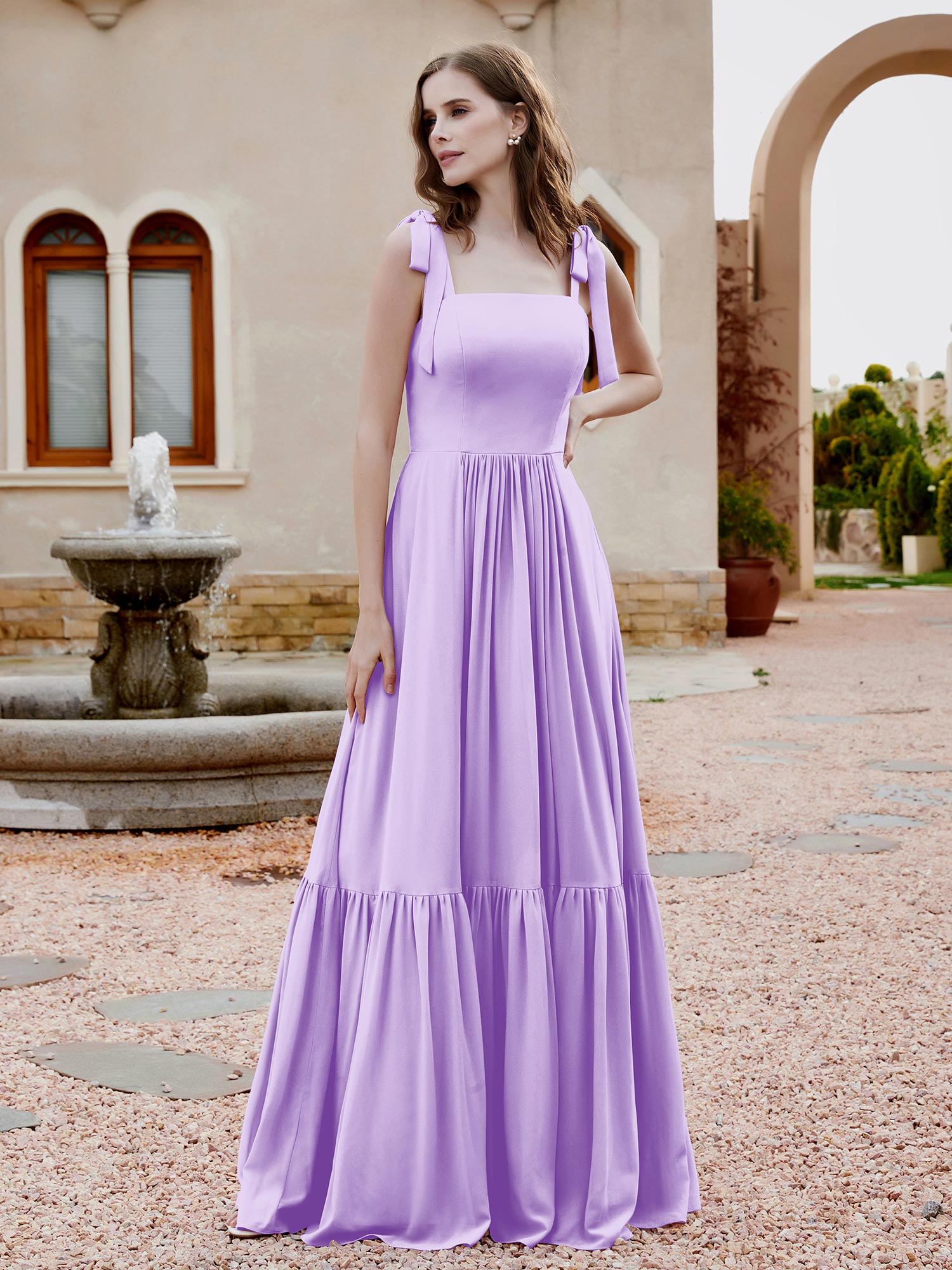 Square Neckline Ruched Chiffon Floor-length Dress Lilac